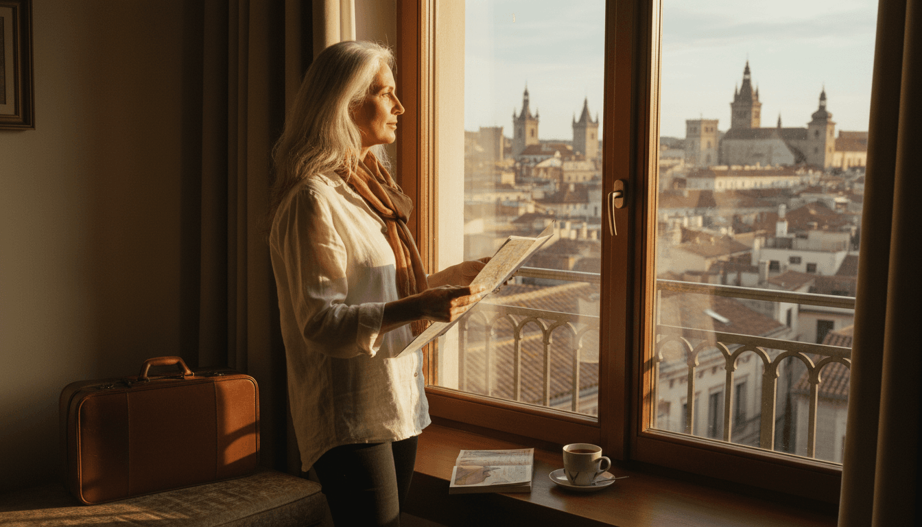 Woman in her late 50s looking at a map by a sunlit hotel window in a European city