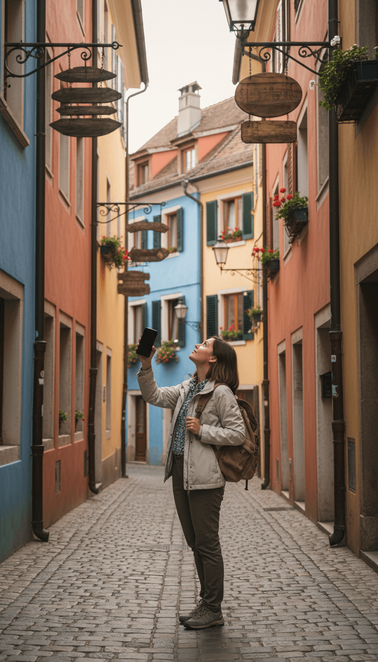 Woman over 50 walking alone on a cobblestone street in a European city looking at a map