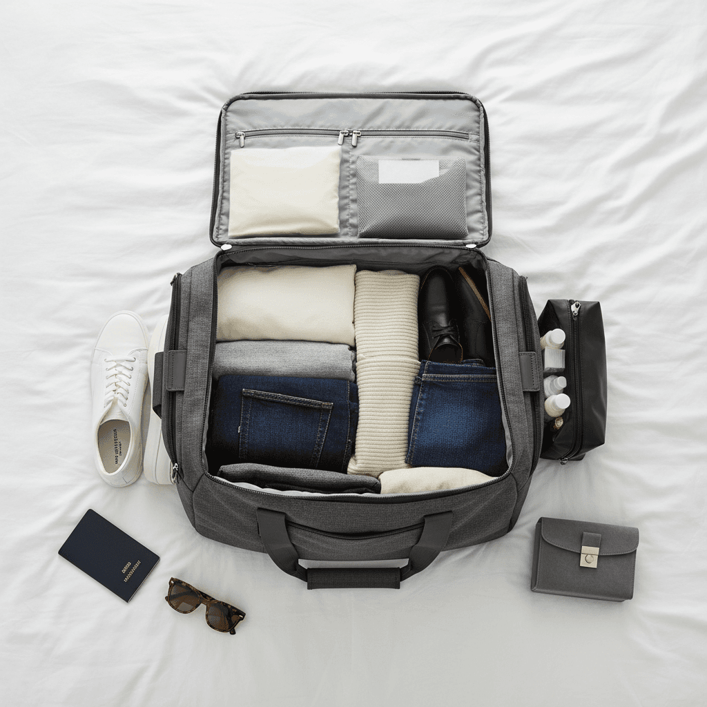 Open suitcase with thoughtfully packed items
