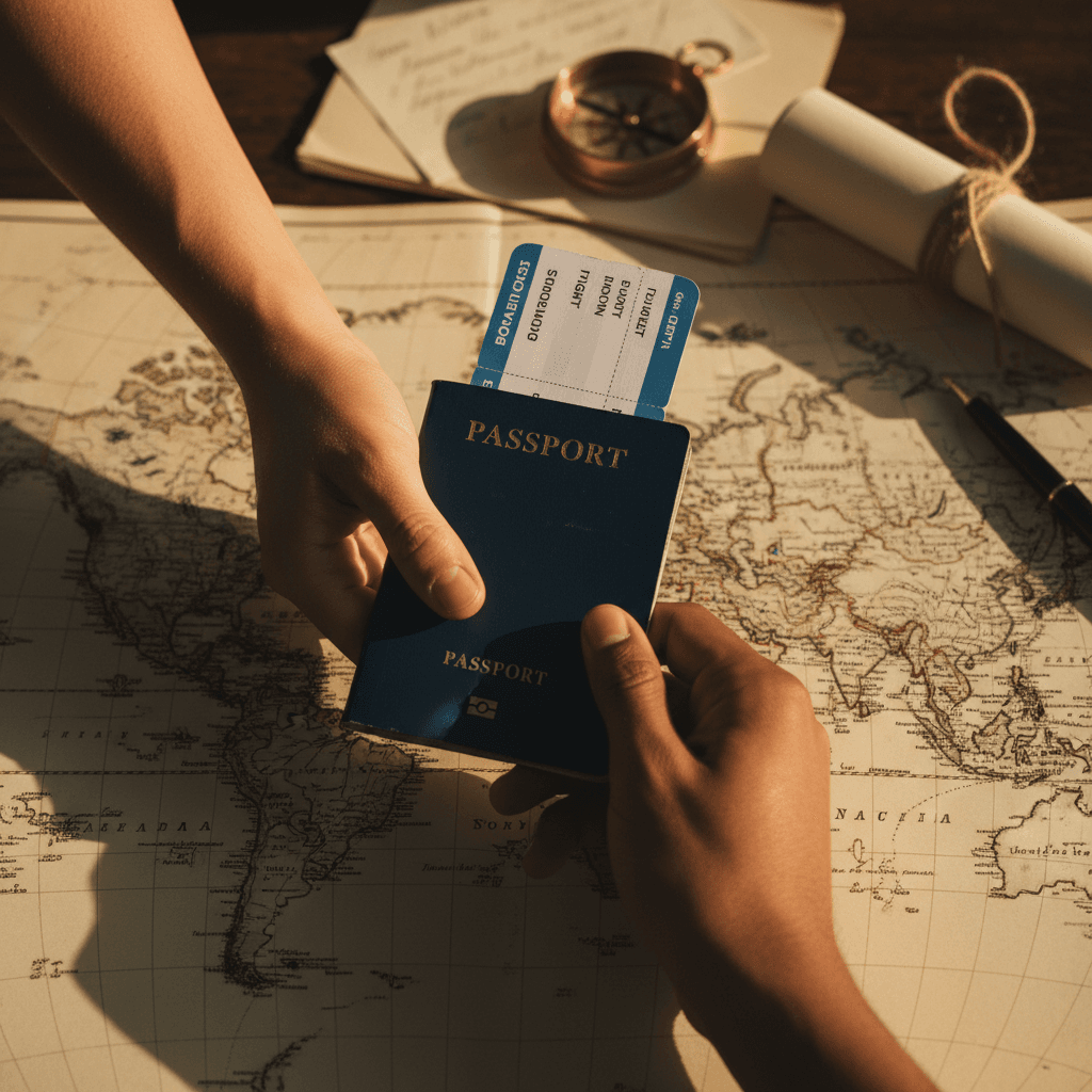 Close-up of a hand holding a well-worn travel notebook and pen next to a passport and boarding pass on a wooden table