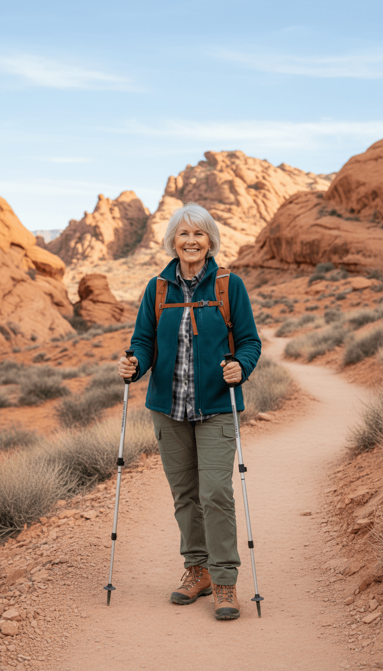 Woman over 50 smiling confidently while standing alone on a scenic mountain overlook