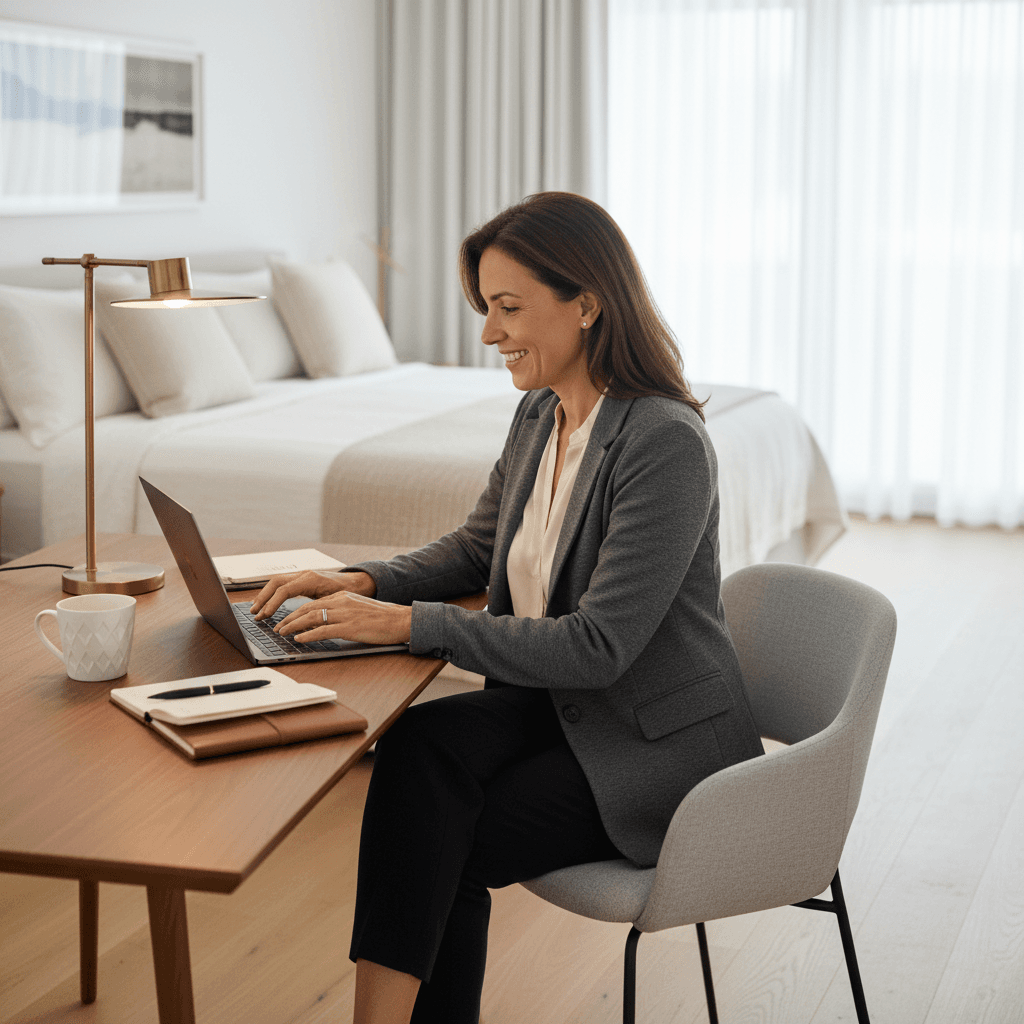 Woman over 50 packing a suitcase with travel essentials in a bright bedroom