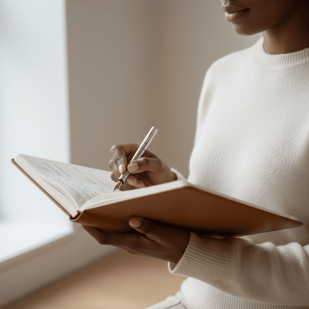 Woman writing in a travel journal at a cafe with a passport