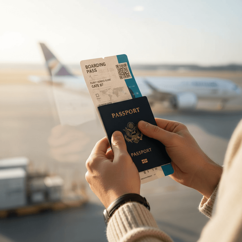 Close up of a woman over 50's hands holding a boarding pass and passport at an airport