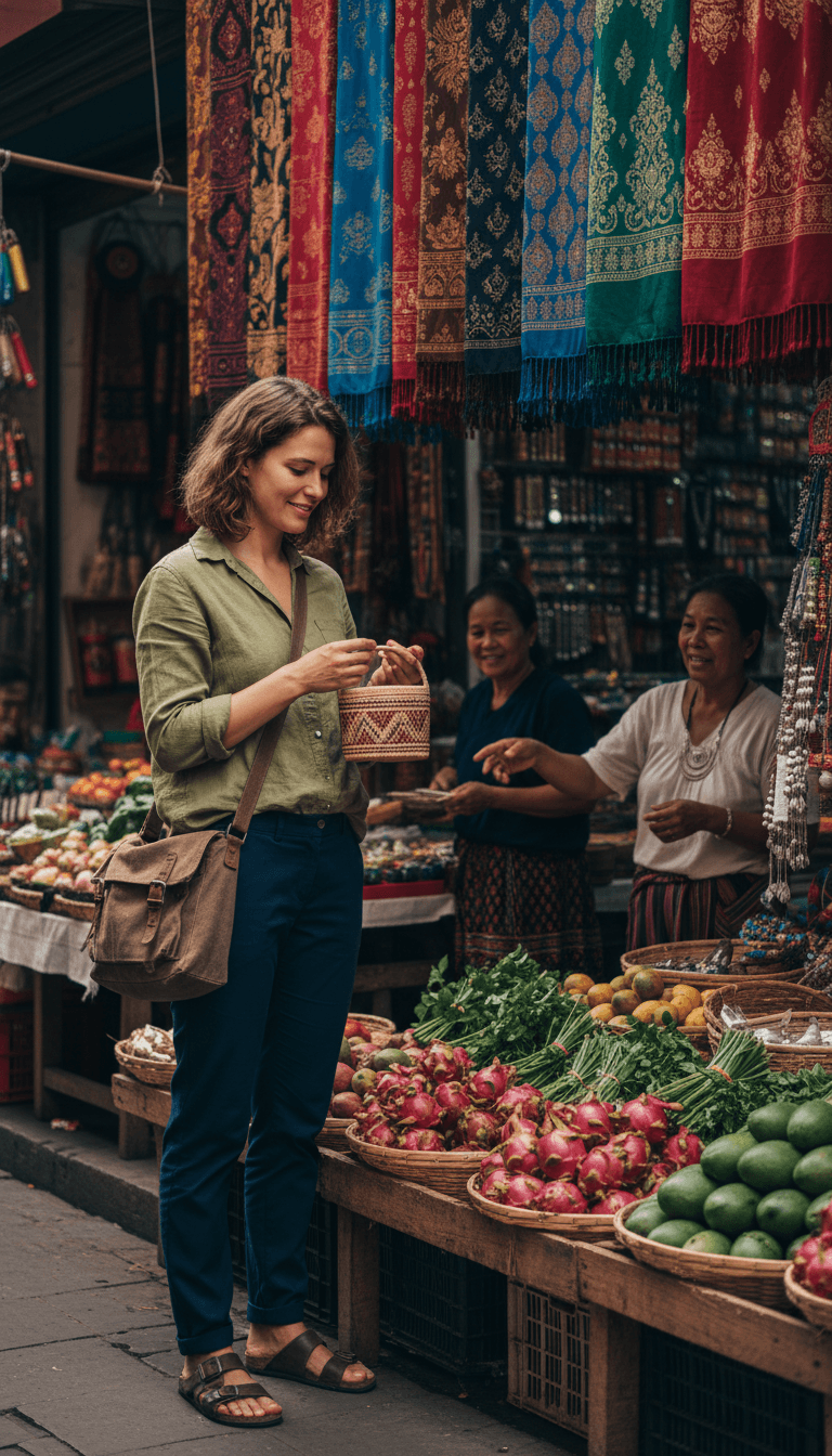 Woman in her 50s browsing a colorful outdoor market stall, shopping for souvenirs in a sunny destination