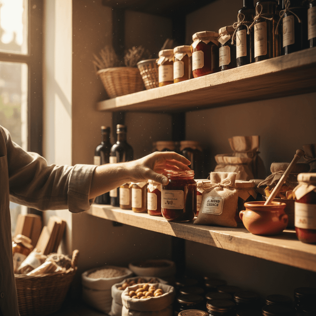 Woman over 50 shopping at a local market stall holding a handmade souvenir