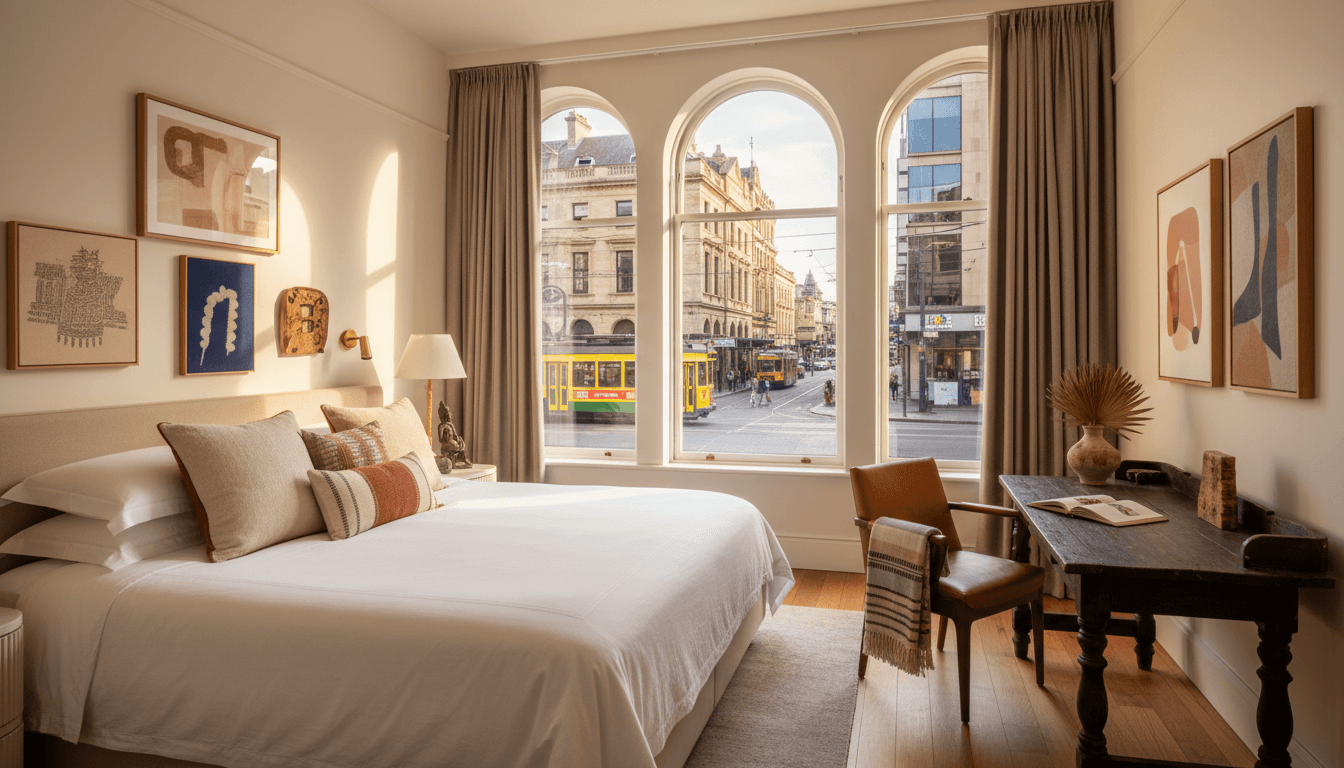 Bright morning view of a European street from a hotel room
