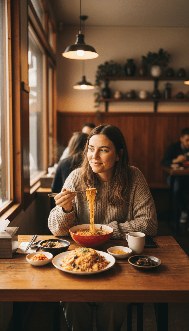 Woman enjoying local cuisine alone at a restaurant