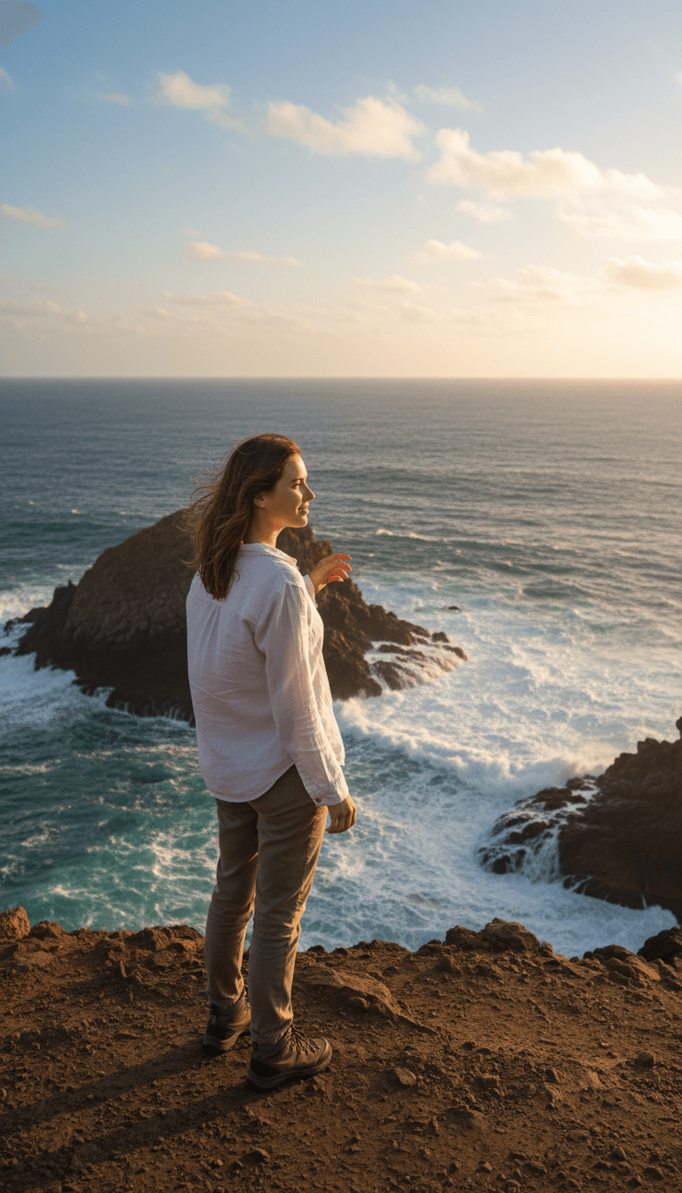 Woman in her 50s standing on a scenic viewpoint looking out at mountains and ocean, feeling adventurous