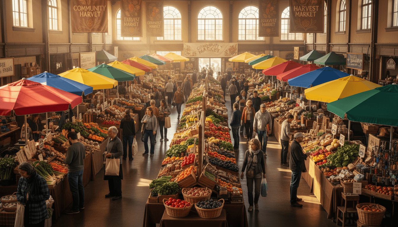 Woman over 50 reading a map at a lively outdoor market