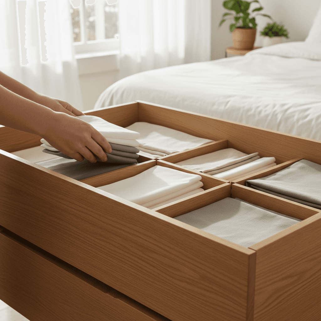 Open suitcase with organized packing in a bedroom