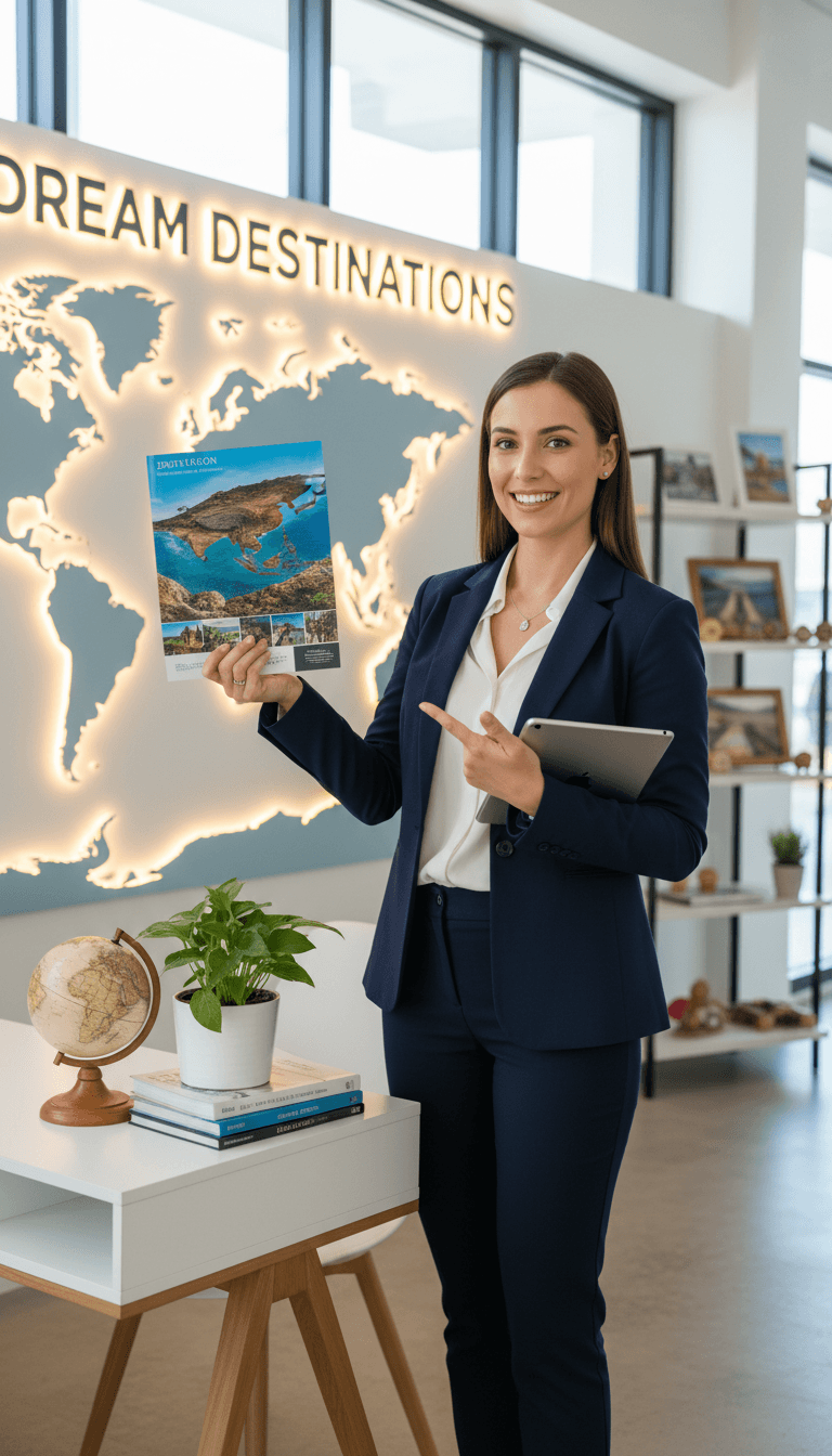 Woman standing confidently with a backpack looking at a map near a landmark