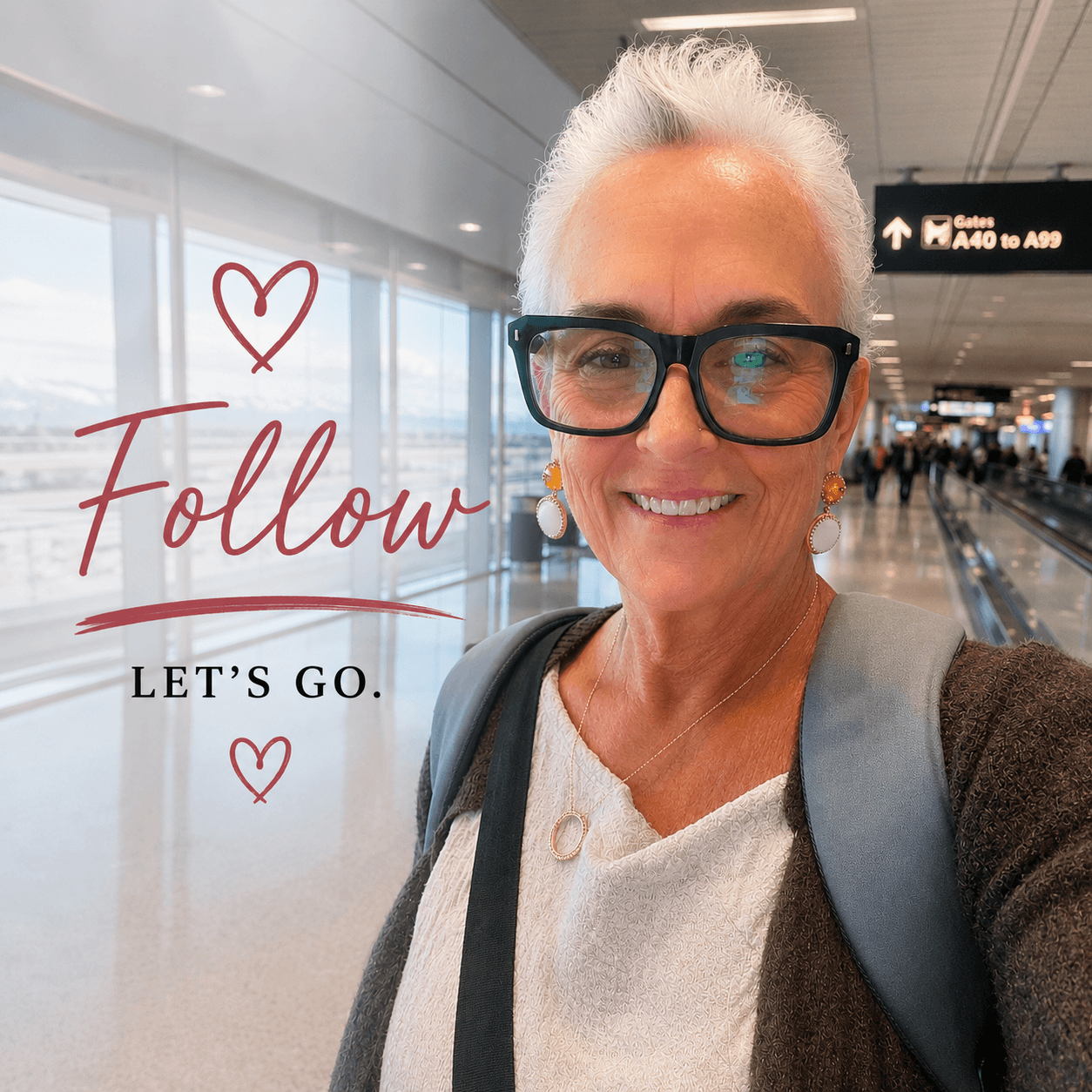 Smiling woman with white hair and glasses at an airport with "Follow" text overlay.
