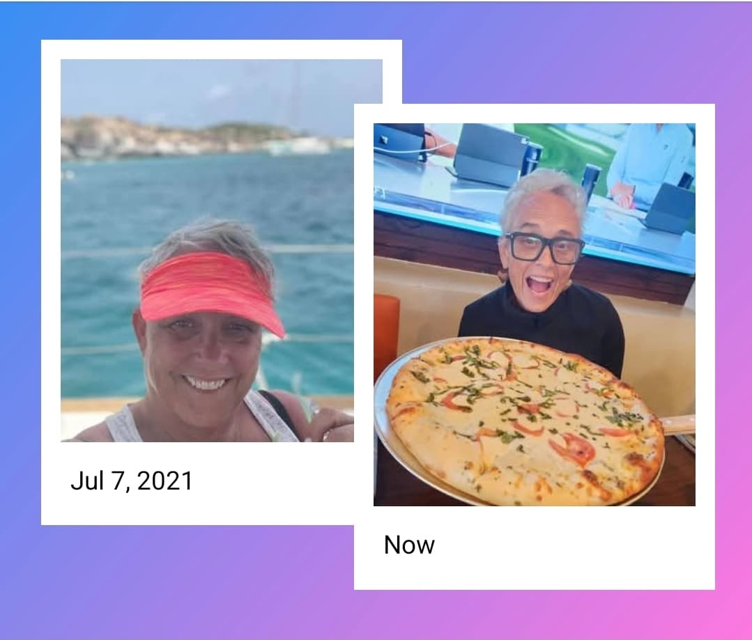 Side-by-side photos showing a woman's weight loss transformation from July 2021 to the present.