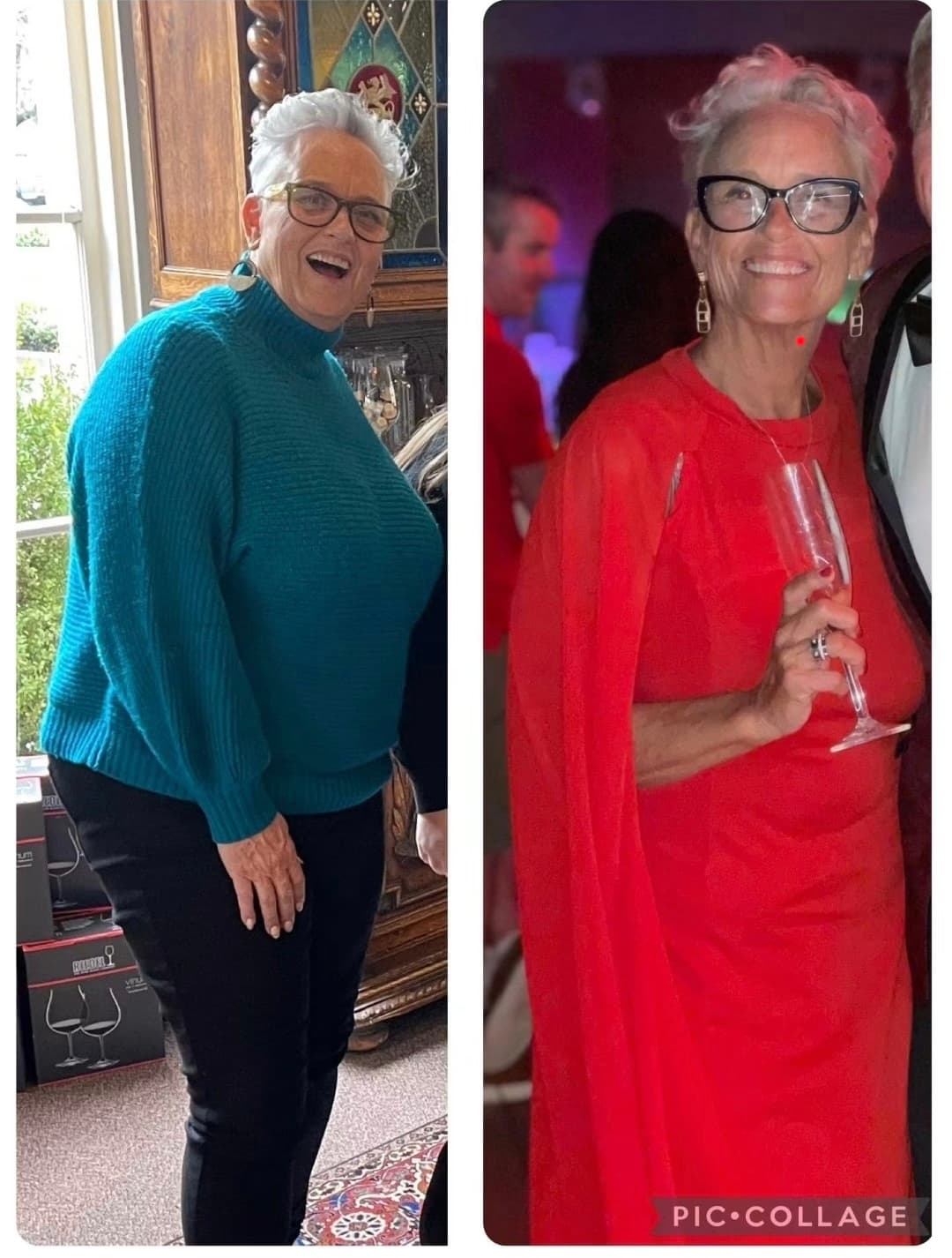 Side-by-side comparison of a woman's weight loss journey, wearing a teal sweater and red dress.